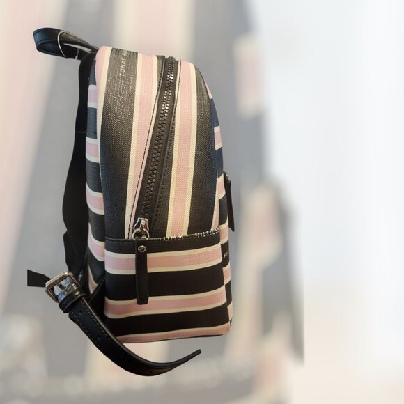 NWT Tommy Hilfiger Striped Small Backpack Purse Black Pink TH Logo - Picture 2 of 5
